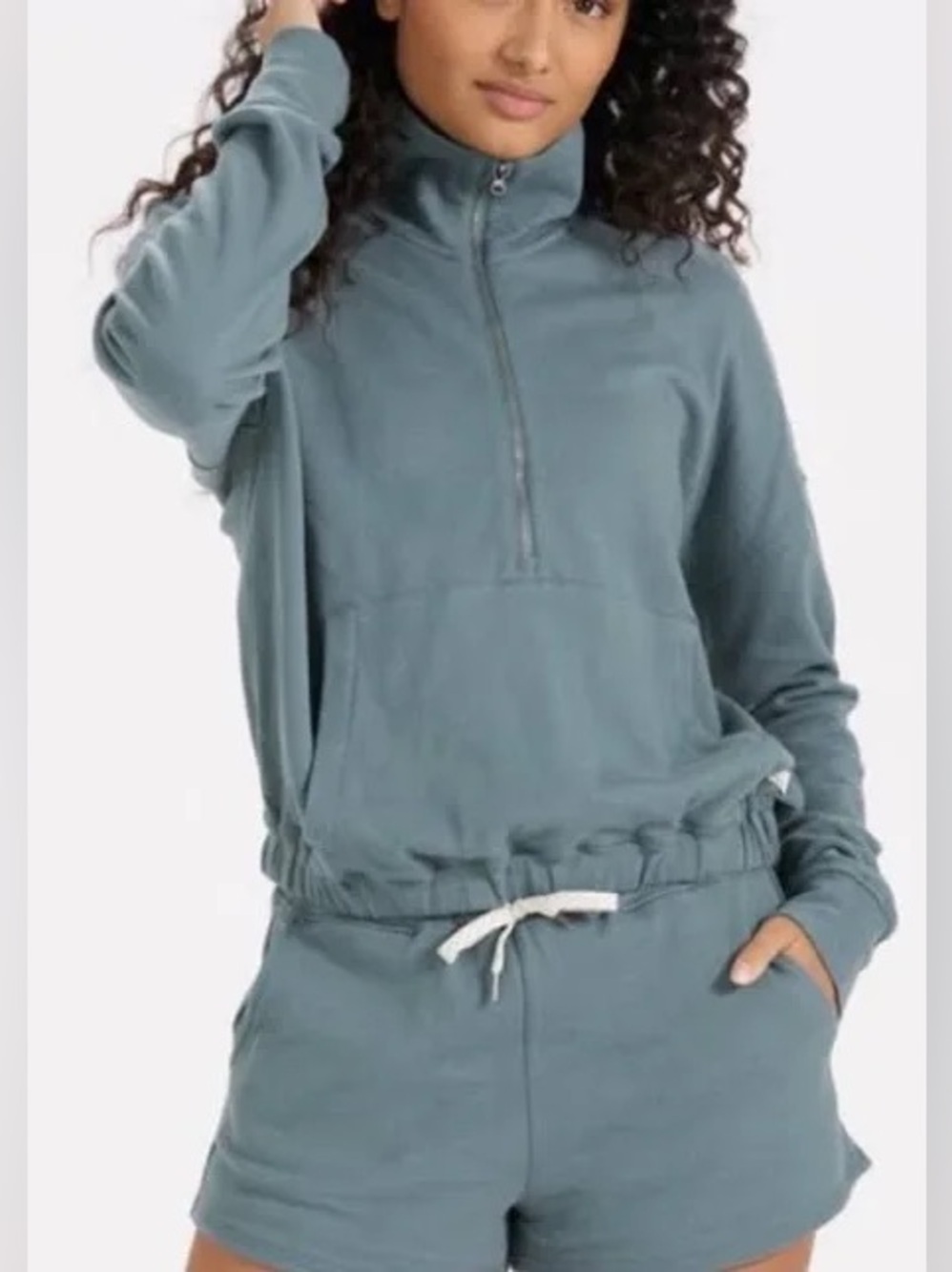 Vuori Half-Zip Pullover Hoodie and shorts in Slate Blue - Women